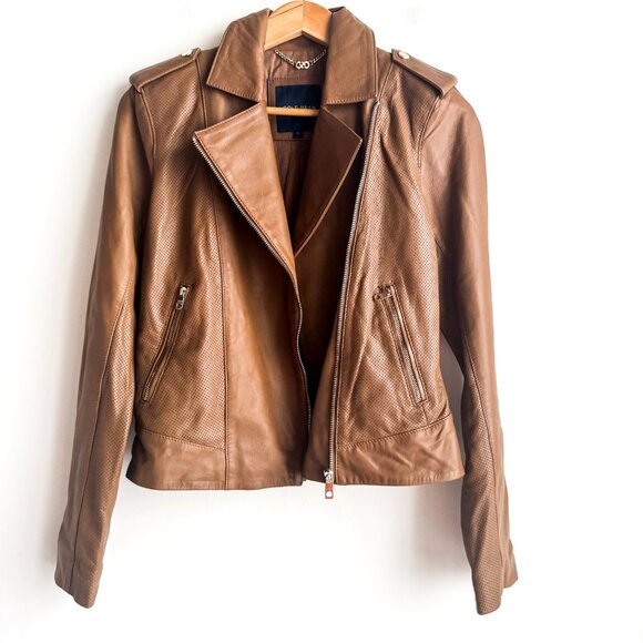Cole Haan Camel Brown Beige Zipper Closure Lambskin Moto Jacket S - Picture 1 of 9